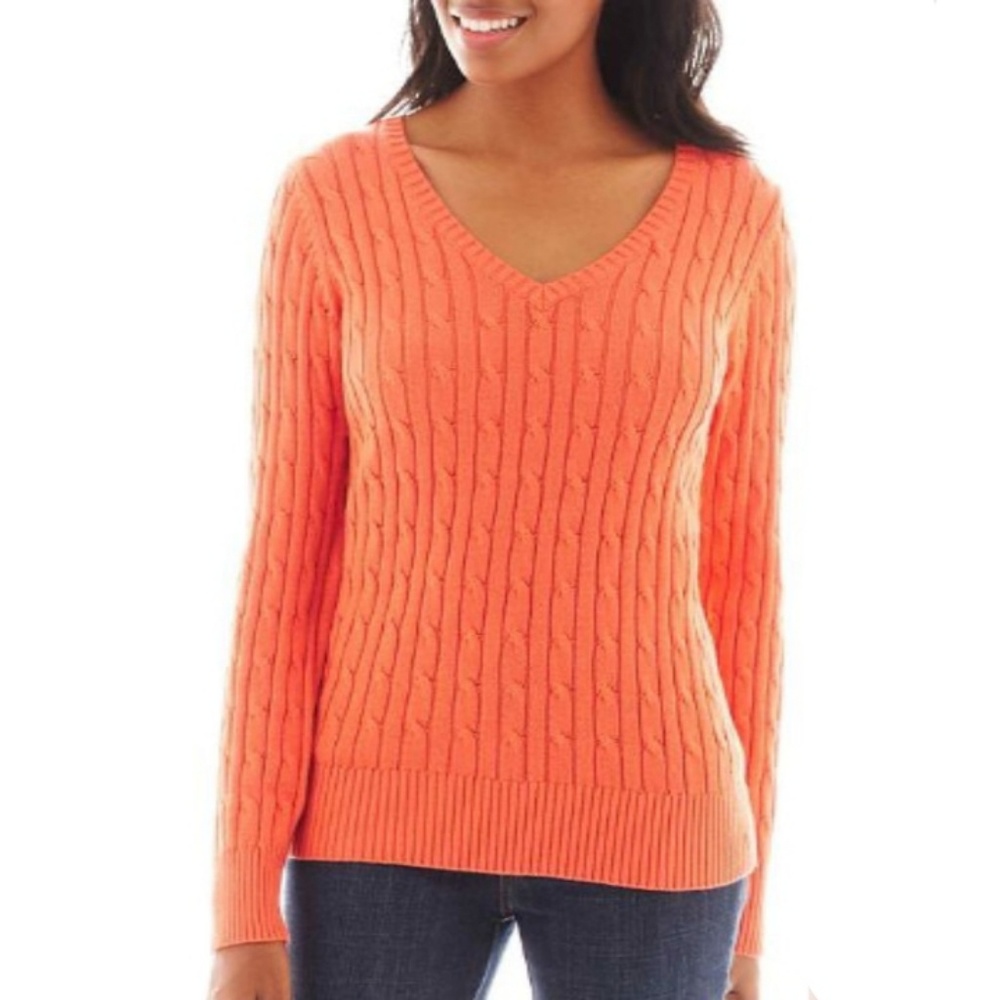 New! ST. JOHNS BAY Grenadine Hot Orange Tangerine Classic Cable Sweater Sz Small